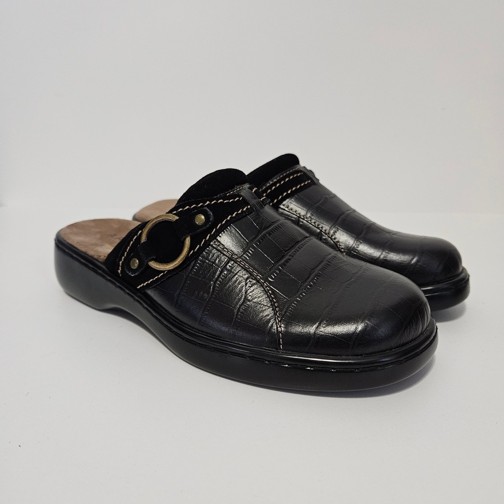 Array Mules Clogs Shoes Size 6.5M Black Croc Embossed Leather Slip On Office